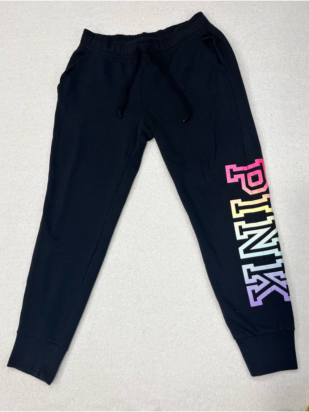 PINK Victoria's Secret Black Jogger Sweatpants with Rainbow Logo